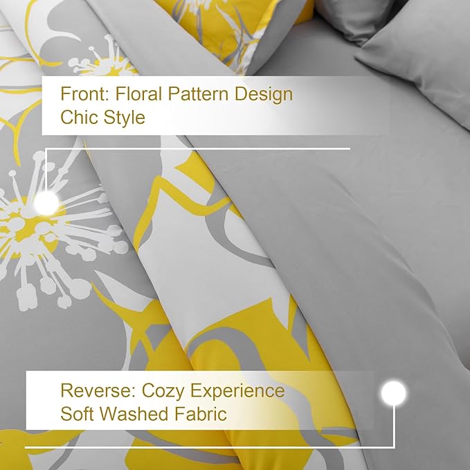 Anibedding 7 Pieces Yellow Floral Comforter Set Queen Size, Reversible Bed in a Bag with Sheets Set All Season, Soft Microfiber Flower Pattern Complete Duvet Bedding Set (Queen, 90"x90")