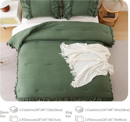 Herside Olive Green Ruffle Comforter Set Queen Size,Shabby Chic Boho Bedding Sets, Soft Fluffy Comforters Sets for All Season,Vintage Ruffled 3 Pcs Microfiber Lightweight Quilt Set for Women Girls