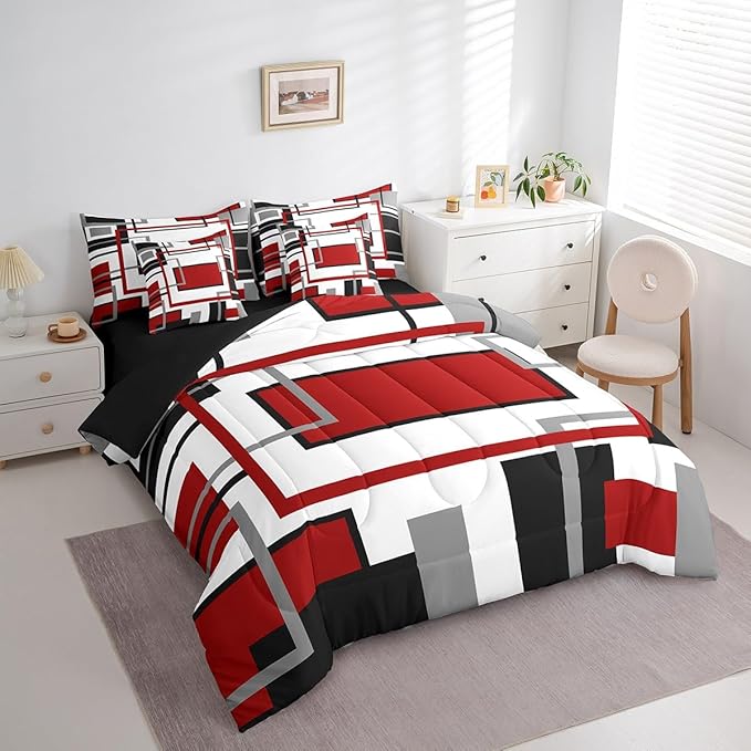 Erosebridal 7Pcs Red Black White Abstract Geometric Comforter Set King,Aesthetics Art Modern Bed in A Bag for Minimalist,Mid Century Modern Bedding with Bed Sheets,Contemporary Boho Striped Quilt
