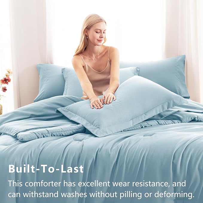 CozyLux Queen Comforter Set Light Blue, 7 Pieces Bed in a Bag Queen Comforter Set with Sheets, Soft Bedding Sets with Down Alternative Comforter, Fitted Sheet, Flat Sheet, Pillow Shams and Pillowcases