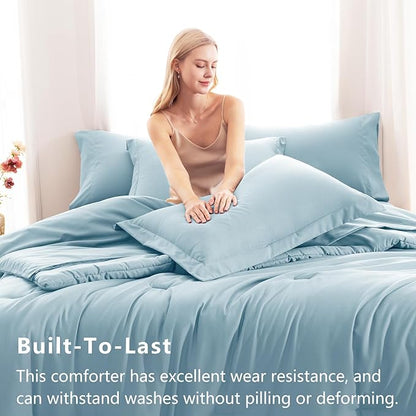 CozyLux King Size Comforter Set Light Blue, 7 Pieces Bed in a Bag King Comforter Set with Sheets, Bedding Set with Down Alternative Comforter, Fitted Sheet, Flat Sheet, Pillow Shams and Pillowcases
