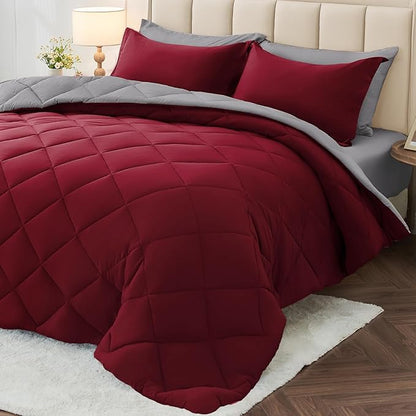 MUXHOMO 5 Pieces Twin Comforter Set, Reversible Bed in a Bag Twin Size, All Season Bedding Set with Comforter, Flat Sheet, Fitted Sheet, Pillowcases & Shams, Burgundy & Grey