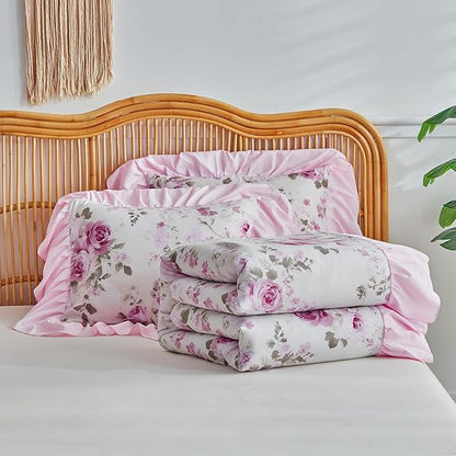 Flower Comforter Set Queen Size 90 * 90in - White Pink Floral Style -3 Pieces Shabby Chic Farmhouse Bedding Set with Ruffled Fringe Rustic Lightweight Botantical Ruffle Comforter with Shams