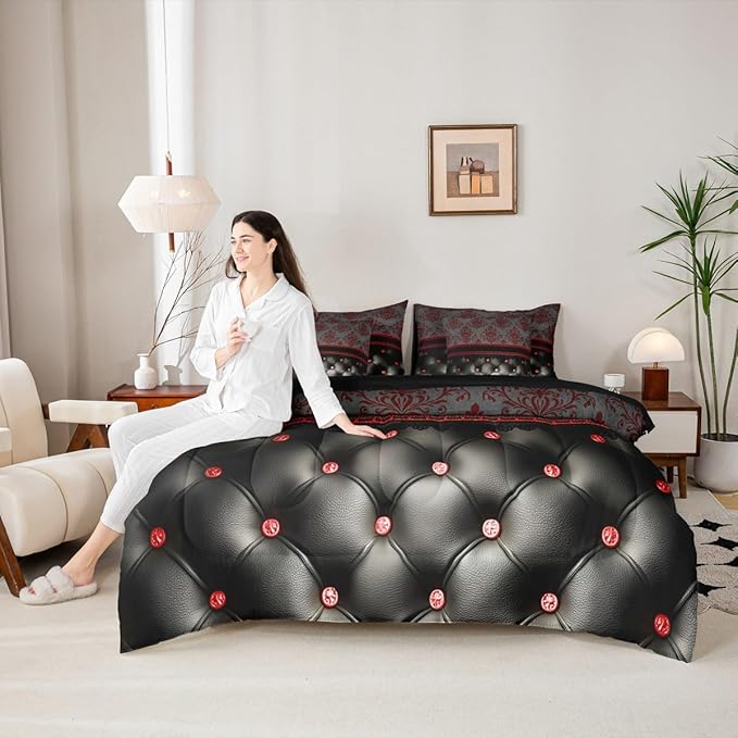 Red Damask Full Size Bed Sheets and Comforter Set | Victorian Decor Gothic Vintage Floral 7 Piece Bedding Set Luxury Black Diamond Texture Pattern Bohemian Bed in a Bag, Baroque Goth Room Decor