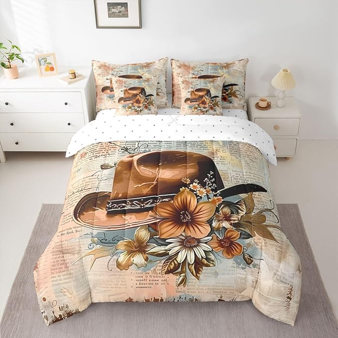 Erosebridal Western Cowboy 7 Piece Comforter Set Queen | Country Western Hats Bed in A Bag Hippie Blooming Floral Sheet Set Reversible American Wild West Fitted Sheet Breathable Lightweight