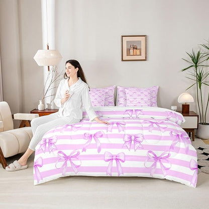 Erosebridal Bow Girls Cute Purple White 7 Piece Bedding Set Twin | Stripe Comforter Set with Sheets Bowknot Kawaii Bed in A Bag Geometric Bed Sets
