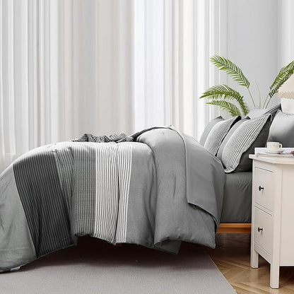 WONGS BEDDING Grey Comforter Set Queen, Reversible Grey Striped Patchwork Down Alternative Comforter for Queen Bed,3 Pieces (1 Comforter+2 Pillowcases), Boho Soft Microfiber Bedding Set 90"×90"