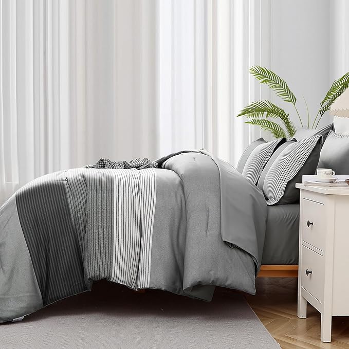 WONGS BEDDING Grey Comforter Set King, Reversible Grey Striped Down Alternative Comforter for King Bed,3 Pieces (1 Comforter+2 Pillowcases), Boho Soft Microfiber Bedding Set 104"×90"