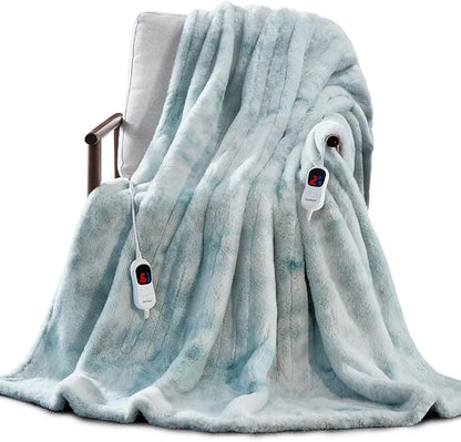 Guohaoi Heated Blanket Electric Throw, Soft Faux Rabbit Fur Electric Blanket with 10 Heating Levels 5 Sitting Timer Auto Off, Dual-Controller Heating Blankets, Machine Washable(84"×90" Blue)