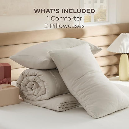 Bedsure Full Comforter Set, Beige Soft Prewashed Bedding for All Seasons, 3 Pieces GentleSoft™ Bed Set, 1 Lightweight Comforter (82"x86") and 2 Pillowcases (20"x26")