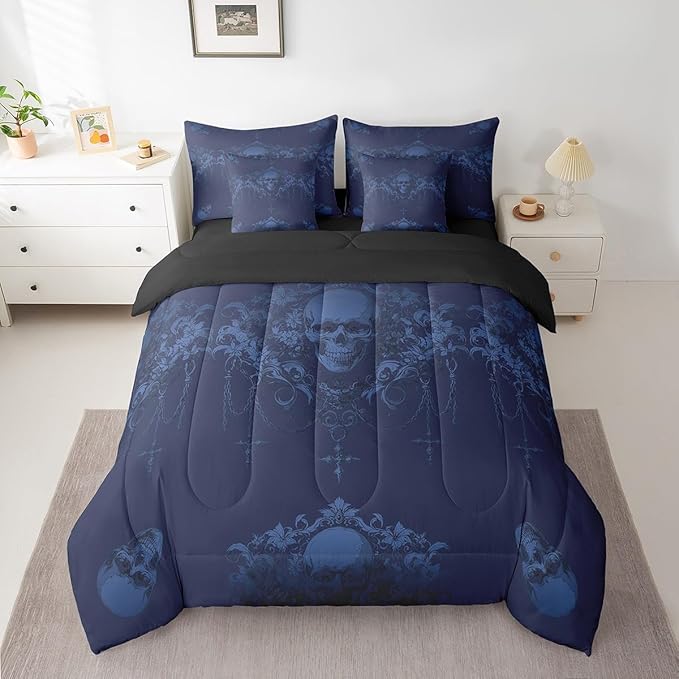 Erosebridal Gothic Bed in a Bag Queen Comforter Set 7 Piece,Goth Sugar Skull Blue Damask Bedding Set,Bohemian Vintage Floral Comforter and Sheet Set,Exotic Antique Victorian Baroque Decor