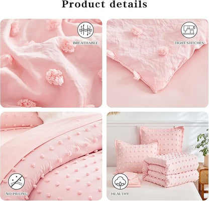 7 Pieces Tufted Dots Bed in a Bag Queen Comforter Set Girls Pink , Soft and Embroidery Shabby Chic Boho Comforters, Luxury Solid Color with Pom Pom Design, Jacquard Tufts Bedding Set for All Season
