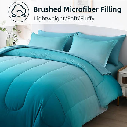 Anibedding 7 Pieces Teal King Comforter Set Lightweight Gradient Teal Green Bed in a Bag Set, All Season Ombre Complete Bedding Set with Flat/Fitted Sheet, 2 Pillowcases and 2 Pillow Shams