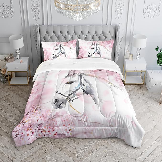 Kid Horse Comforter Set Full Room Floral Animal Theme Handsome Horse Chic Cherry Blossom Bedding Set Wild Animal Decor Quilt Set for Girls Adult, 1 Comforter + 2 Pillowcases