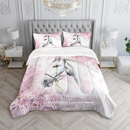 Kid Horse Comforter Set Twin Room Floral Animal Theme Handsome Horse Chic Cherry Blossom Bedding Set Wild Animal Decor Quilt Set for Girls Adult, 1 Comforter + 2 Pillowcases
