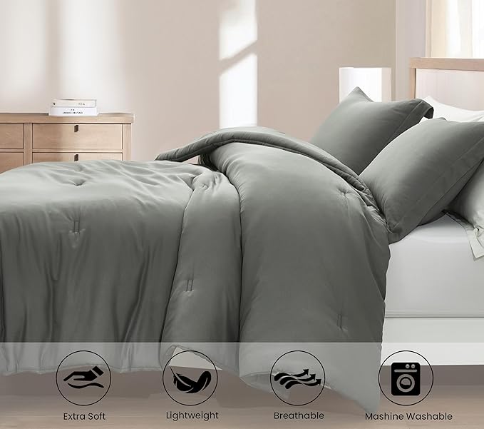 Chezmoi Collection Cliff 3-Piece Lightweight Cooling Comforter Set, Oversized King - Rayon Derived from Bamboo & Polyester Blended, Soft Breathable Bedding for Hot Sleepers, Dark Gray
