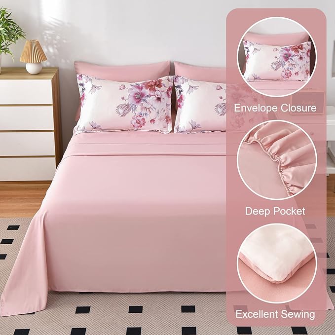 Floral Comforter Sets 7 Piece Bed in a Bag, Soft Lightweight Microfiber Bed Comforter Set with Sheets (Pink,King)