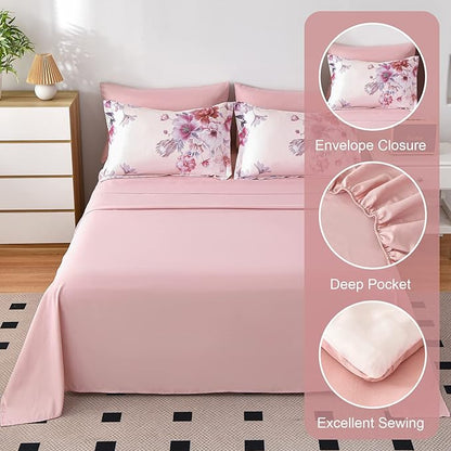 Floral Comforter Sets 7 Piece Bed in a Bag, Soft Lightweight Microfiber Bed Comforter Set with Sheets (Pink,King)
