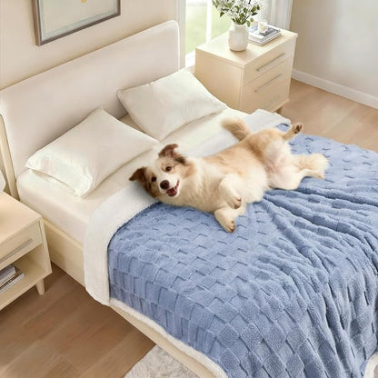 Luciphia Waterproof Dog Blanket for Small Dogs Washable Soft Sherpa Fleece Cat Blankets with 3D Jacquard Cozy Calming Reversible Couch Protector Furniture Protection for Pet, Blue White, 40x28 inch