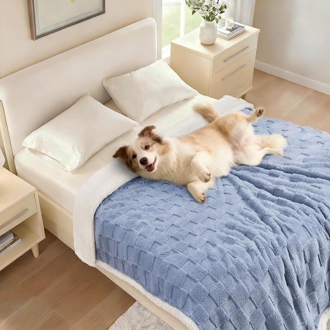 Luciphia Waterproof Dog Blanket for Medium Dogs Washable Soft Sherpa Fleece Cat Blankets with 3D Jacquard Cozy Calming Reversible Couch Protector Furniture Protection for Pet, Blue White, 57x40 inch