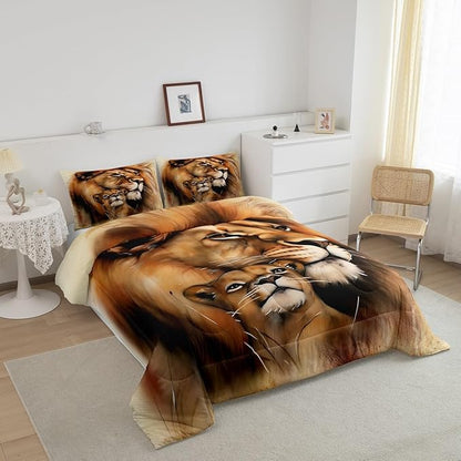 Erosebridal Lion Comforter Set, Brown Bedding Set Twin Size, African Savannah Safari Wildlife Animals Down Comforter, Couple Theme Duvet Set for Bedroom Living Room Decorative