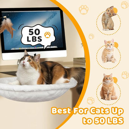 Desk-Mounted Cat Hammock Bed, Clamp-On Pet Perch, Soft Faux Fur, No-Drill Install, Washable Pad, 16.5" Round, Supports 50 lb, Space-Saving Home Office