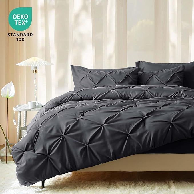 JOLLYVOGUE Twin Comforter Set 5 Pieces - Bed in a Bag Twin for All Season, Pintuck Bedding Comforter Sets with Comforter, Flat Sheet, Fitted Sheet and Pillowcases & Shams, Dark Grey