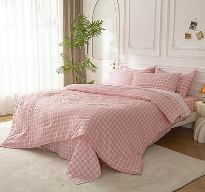 SDY 7PCS Pink Plaid Comforter and Sheet Set Queen Size, Super Soft Microfiber Gingam Bedding Set for Kids Girls Includes 1*Comforter,1* Flat Sheet, 1*Fitted Sheet,2*Pillowcases and 2*PillowcaseShams