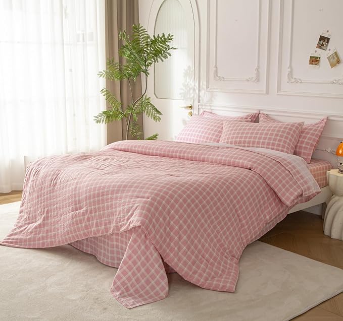 SDY 7PCS Pink Plaid Comforter and Sheet Set Twin Size, Super Soft Microfiber Gingam Bedding Set for Kids Girls Includes 1*Comforter,1* Flat Sheet, 1*Fitted Sheet,2*Pillowcases and 2*PillowcaseShams