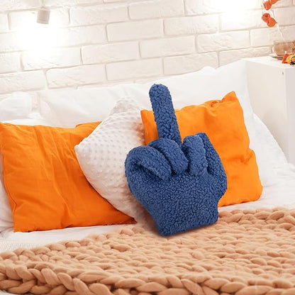Menkxi Small Middle Finger Decorative Pillow 13.78 x 9.84 in Funny Shaped Sherpa Fleece Throw Pillow Warm Soft Emoticon Cushion Middle Finger Decor for Couch Gag Gift(Navy Blue)