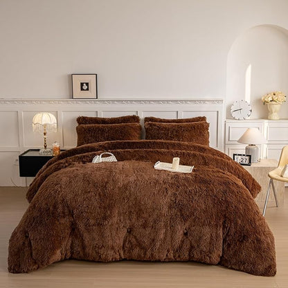 chovy Faux Fur Plush Coffee Comforter Sets King - Ultra Soft Shaggy Flannel Velvet Fluffy Fuzzy 3PC Bedding Set （Comforter x 1 Pillowcases x 2）