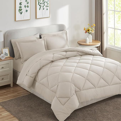 CozyLux Full Size Comforter Sets Beige - 7 Pieces Bed in a Bag Full, Luxury Soft Bed Set for All Seasons, Bedding Set with Down Alternative Comforter, Sheets, Pillowcases & Shams