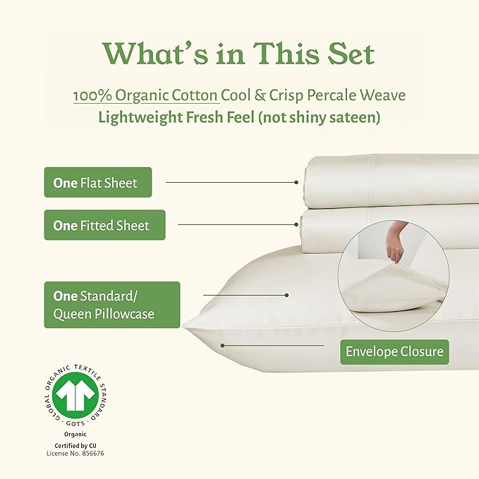 California Design Den Twin Bed Sheets Set - Soft 100% Organic Sheets with Deep Pockets, Crisp Cotton Percale, Breathable and Durable Bedding Set - Ivory (Cream Tone)