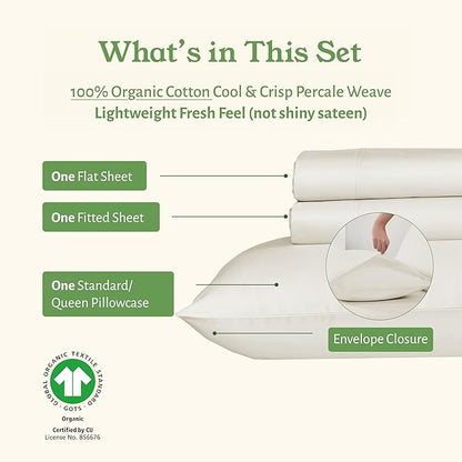 California Design Den Twin Bed Sheets Set - Soft 100% Organic Sheets with Deep Pockets, Crisp Cotton Percale, Breathable and Durable Bedding Set - Ivory (Cream Tone)