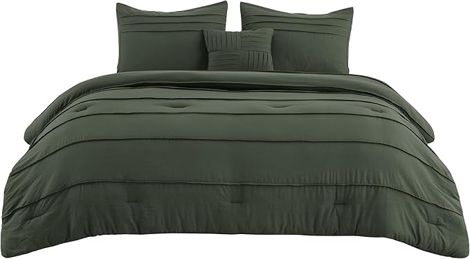 Bedsure Full Comforter Set - 4 Pieces Pinch Pleat Bed Set, Olive Green Boho Bedding for All Season, 1 Soft Comforter, 2 Pillowcases, 1 Decorative Pillow