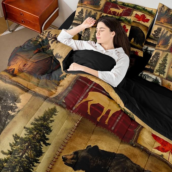Erosebridal Rustic Farmhouse Comforter Set 7 Pcs Full,Retro Cabin Lodge Down Comforter,Hunting Bear Deer Bed in a Bag,Country Maple Leaves Duvet Insert,Rustic Woodland Pine Tree Sheets,Red Brown