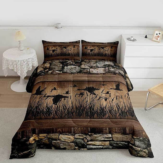 Erosebridal Mallard Duck Hunting Twin Size Comforter Set Farmhouse Lodge Bedding Set Rustic Cabin Bedding Comforter Sets,Brown Country Wooden Stone Quilt 2 Pcs