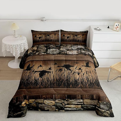 Erosebridal Mallard Duck Hunting Twin Size Comforter Set Farmhouse Lodge Bedding Set Rustic Cabin Bedding Comforter Sets,Brown Country Wooden Stone Quilt 2 Pcs