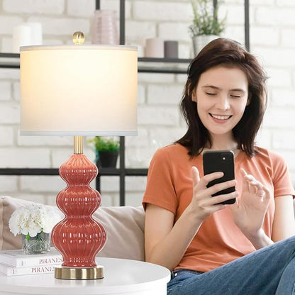 26" Triple Gourd Ceramic Table Lamps Set of 2,Modern Orange Bedside Lamps USB A+C Ports & AC Outlet -Ceramic Nightstand Lamps for Bedroom, 3 Way Touch Control Contemporary Living Room End Tables