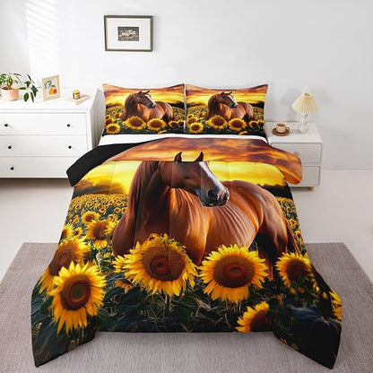 Erosebridal Brown Horse Comforter Set King Size for Kids Adult Teens Farmhouse Decor Sunflower Bedding with Sunset, Cowboys 3D Wild Animal Horse Print Quilt Rustic Style Cowgirls Down Comforter