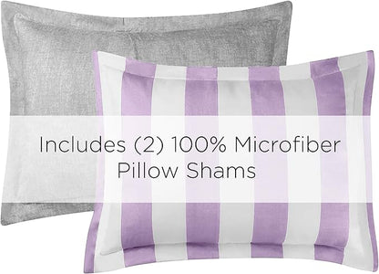 Juicy Couture Cabana Stripe Reversible Bedding Set - King Size - Lavender/White Stripe Print – 6 Piece Set – Includes 1 104" x 90" Comforter, 3 Decorative Pillows, 2 Shams