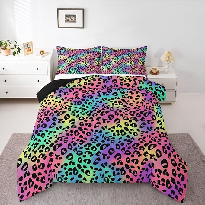 Erosebridal Rainbow Leopard Comforter for Kids Boys Girls,Colorful Cheetah Print Toddler Bedding Set,Animal Skin Texture Duvet Insert,Blue Green Pink Purple Yellow Quilt Bedroom Decor
