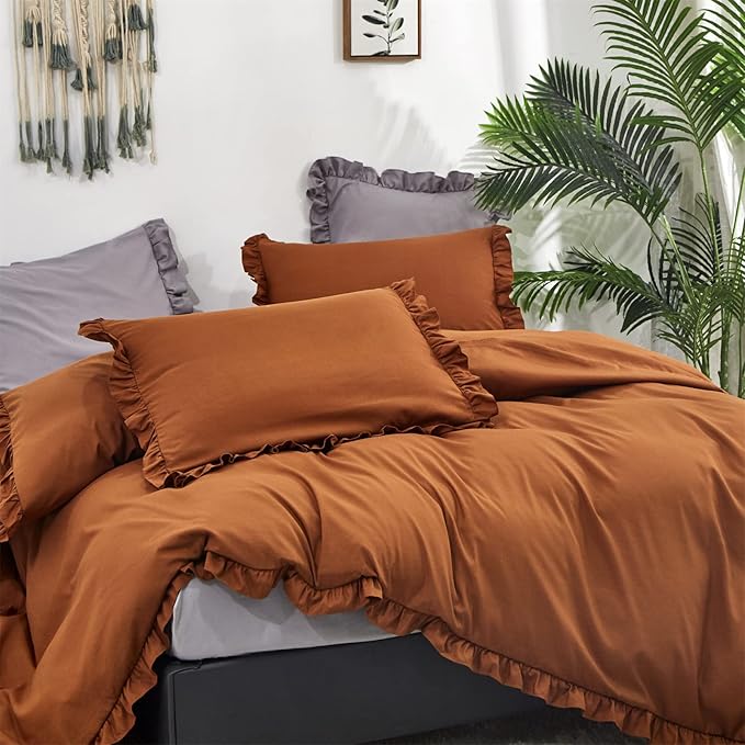 Luxlovery Pumpkin Color Ruffle Comforter Set Queen Farmhouse Rust Bedding Comforter Set Full Shabby Chic Solid Terracotta Blanket Quilts Vintage Bedding Set Women Men Adults