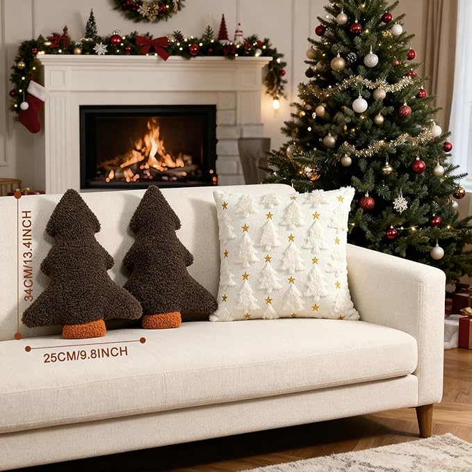 Artmag Christmas Pillows, Decorative Christmas Tree Pillow Set of 2 Stuffed Tree Shaped Plush Pillow for Holiday Party Sofa Living Room Decoration (13" x 10.5", Brown)