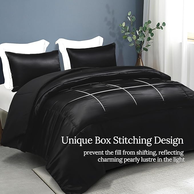 Whale Flotilla 2-Piece Reversible Silky Soft Twin Size Comforter Bedding Set, Luxurious Satin Comforters with Satin Pillowcase, Lightweight Duvet for All Seasons, Black