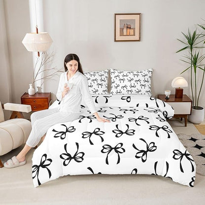 Erosebridal Bowknot Comforter Set Full Black Watercolor Bow Bedding Set for Kids Teen Adults,Fashion Coquette Bowknot Down Comforter Black White Modern Simple Quilt for All Season