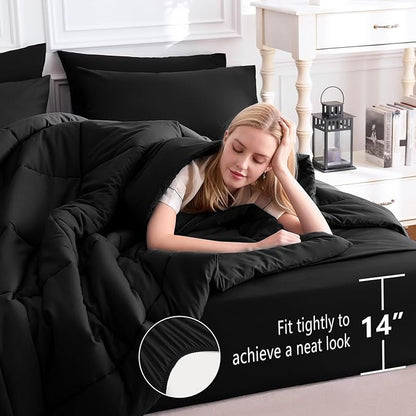 CozyLux California King Comforter Sets Black, 7 Pieces Cal King Bed in a Bag, All Season Bedding Sets with Stitch Quilted Comforter, Flat Sheet, Fitted Sheet, Pillowcases