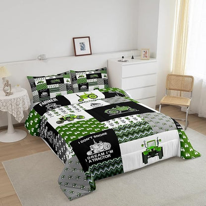 Feelyou Tractor Comforter Set Cartoon Farm Tractor Down Duvet for Kids Boys Girls Truck Car Bedding Set Harvester Excavator Comforter Green 1 Comforter Set with 1 Pillowcase Twin Size