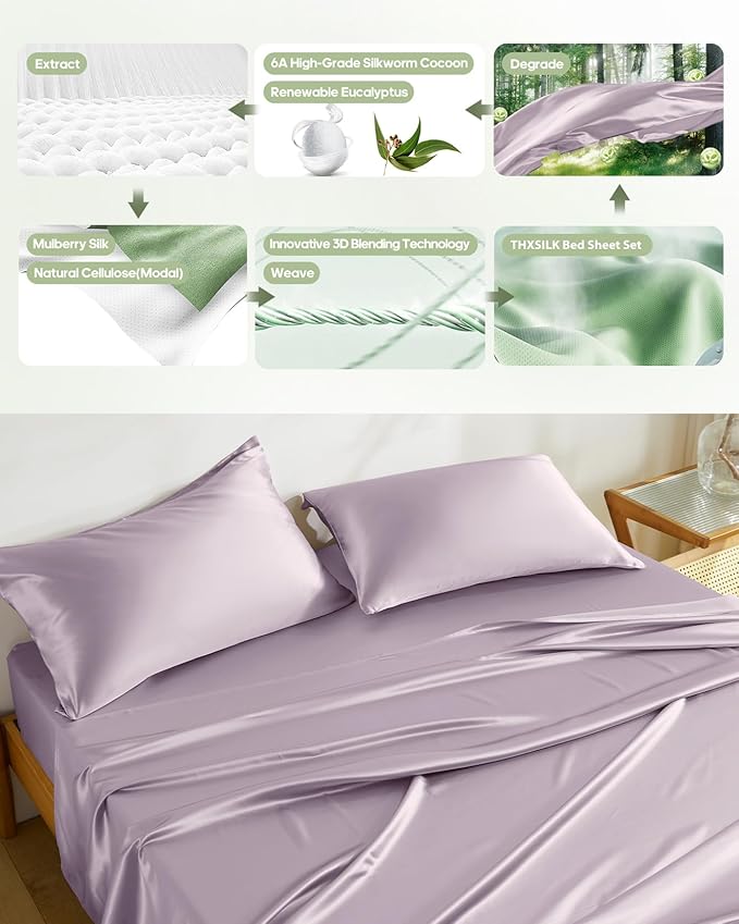 THXSILK Silk Sheet Set 4 Pcs, Full Size Sheet Set, Soft Breathable Cooling Bed Sheets with 1 Flat Sheet, 1 Fitted Sheet, 2 Pillowcases with Zipper Closure, Light Purple