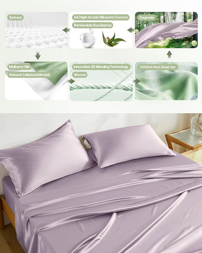 THXSILK Silk Sheet Set 4 Pcs, Full Size Sheet Set, Soft Breathable Cooling Bed Sheets with 1 Flat Sheet, 1 Fitted Sheet, 2 Pillowcases with Zipper Closure, Light Purple